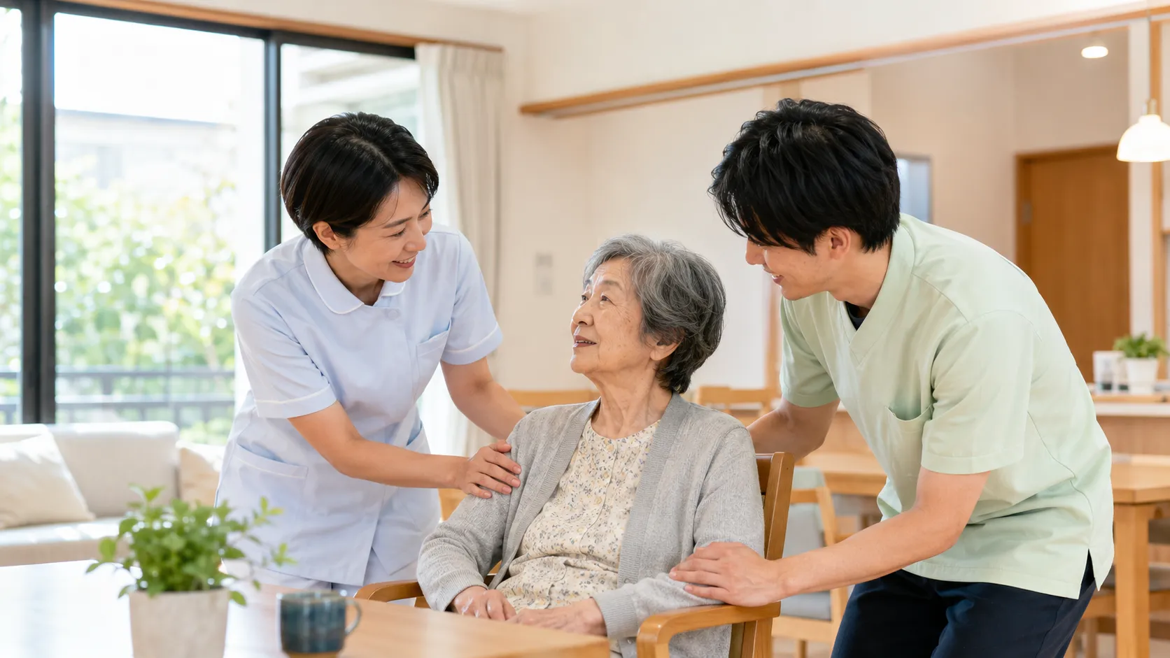 日勤の看護職員と介護職員がご入居者様を支えるイメージ